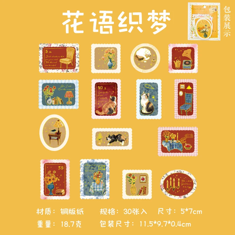 30 pcs Slow paced lifestyle series Postage stamp theme stickers Scrapbooking Material handmade Diary Album Junk Journal Supplies