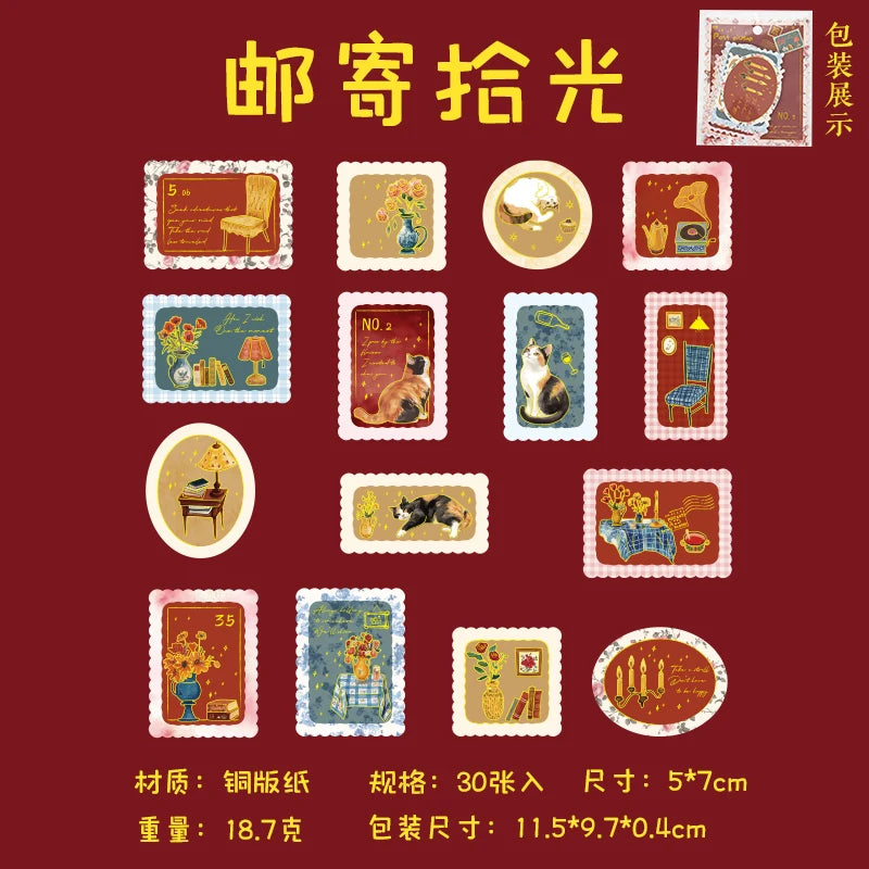 30 pcs Slow paced lifestyle series Postage stamp theme stickers Scrapbooking Material handmade Diary Album Junk Journal Supplies